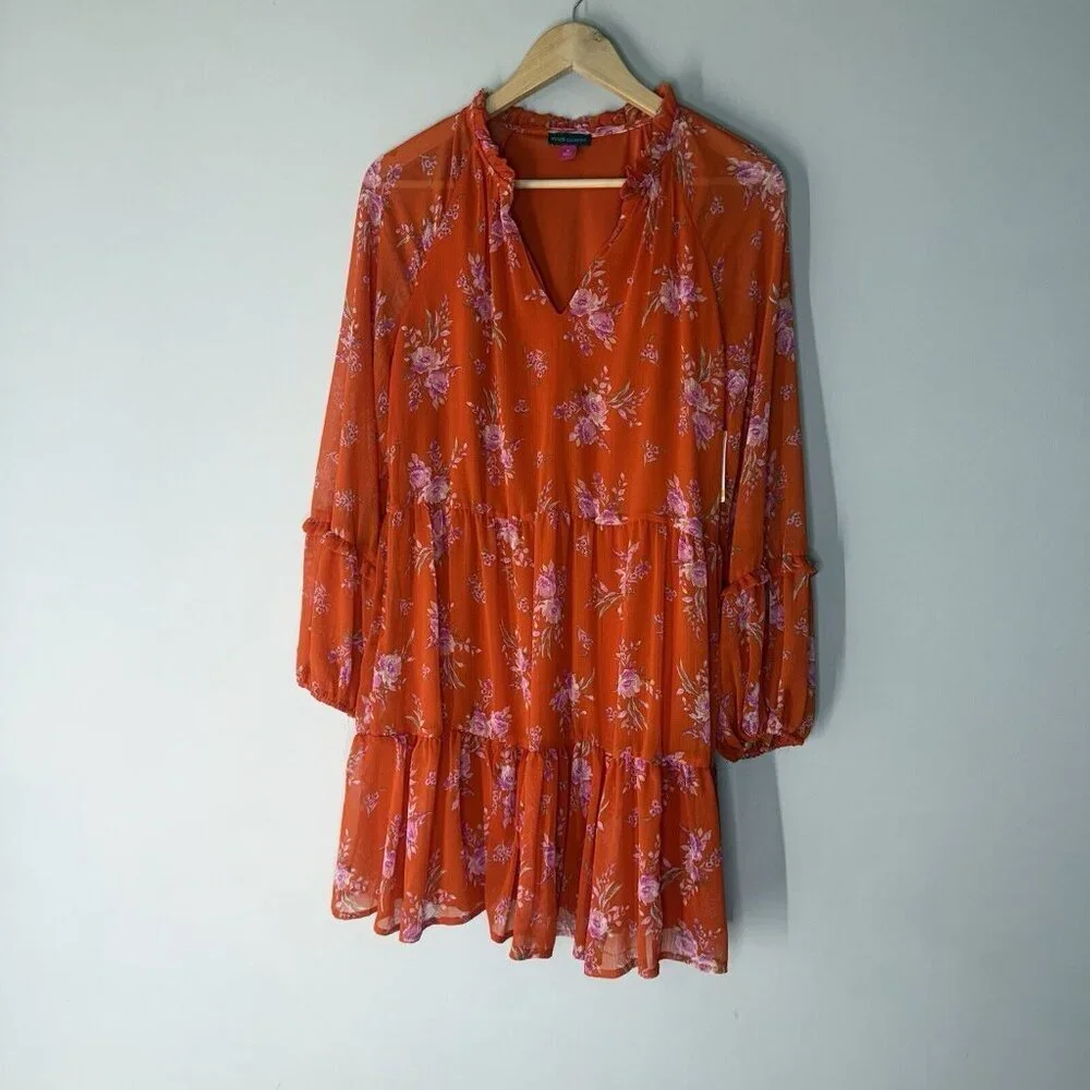 Vince Camuto Mini Short Floral Tiered Ruffle Shift Dress Orange NWT Sz M - Picture 9 of 10